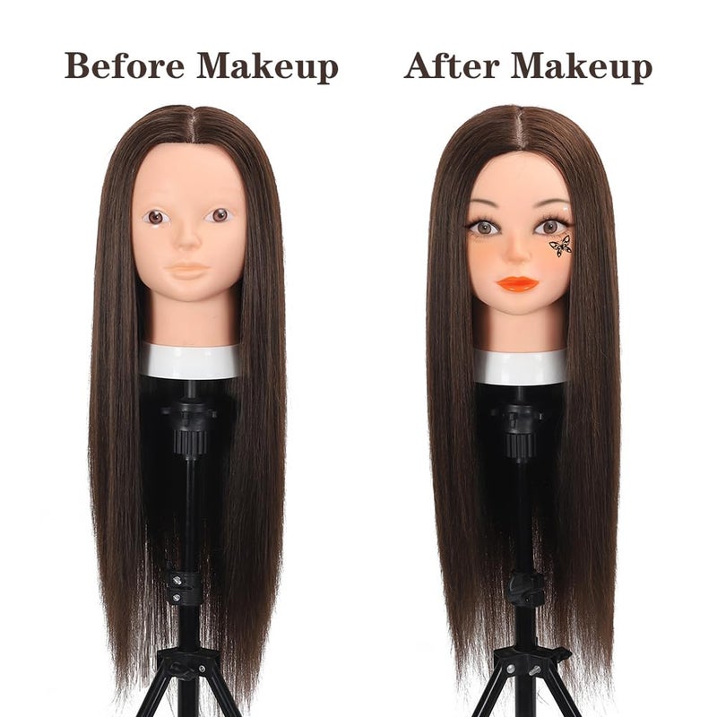 Opini 26 Inch Mannequin Head 80% Real Human Hair Styling Mannequin Doll Head Human Hair for Hairdresser Practice Hair and Makeup With Free Clamp (#4 No Makeup) - Image 2